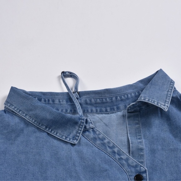 Denim Button Down Puff Sleeve One Shoulder Shirt Dress - Picture 7 of 10